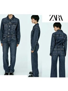 Zara blue denim jean jumpsuit long sleeve button front straight leg Sz S NWOT